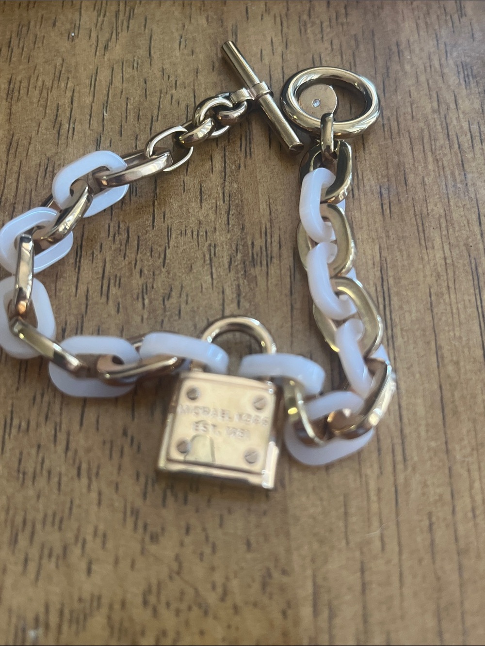 Michael Kors Gold and White Link Chain Bracelet with Padlock Charm - Picture 3 of 4